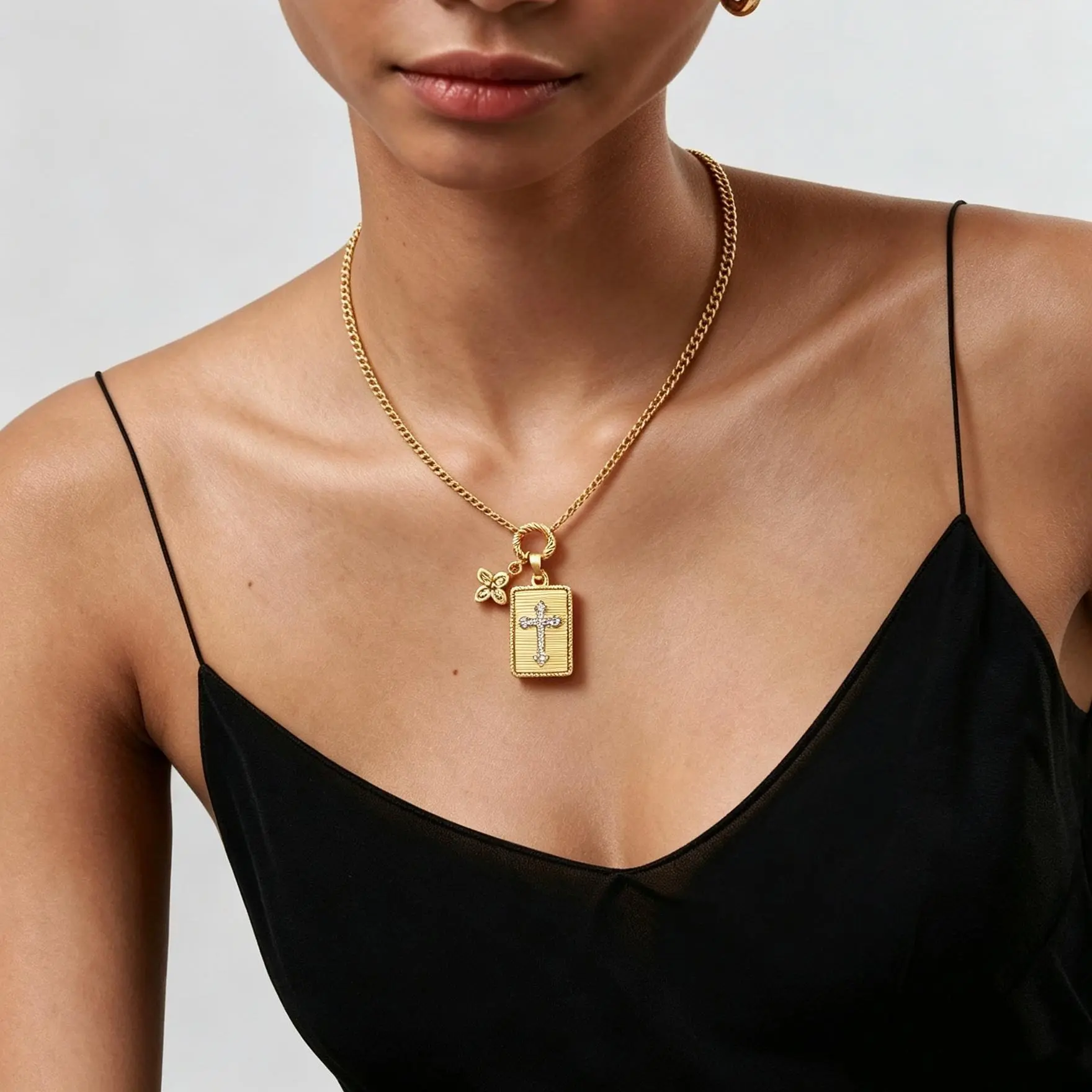 14K Gold Cross Square Tag Necklace with CZ Four Leaf Clover Charm, Adjustable Dainty Layered Pendant Necklace, Vintage Textured Gold Jewelry Gift for Women
