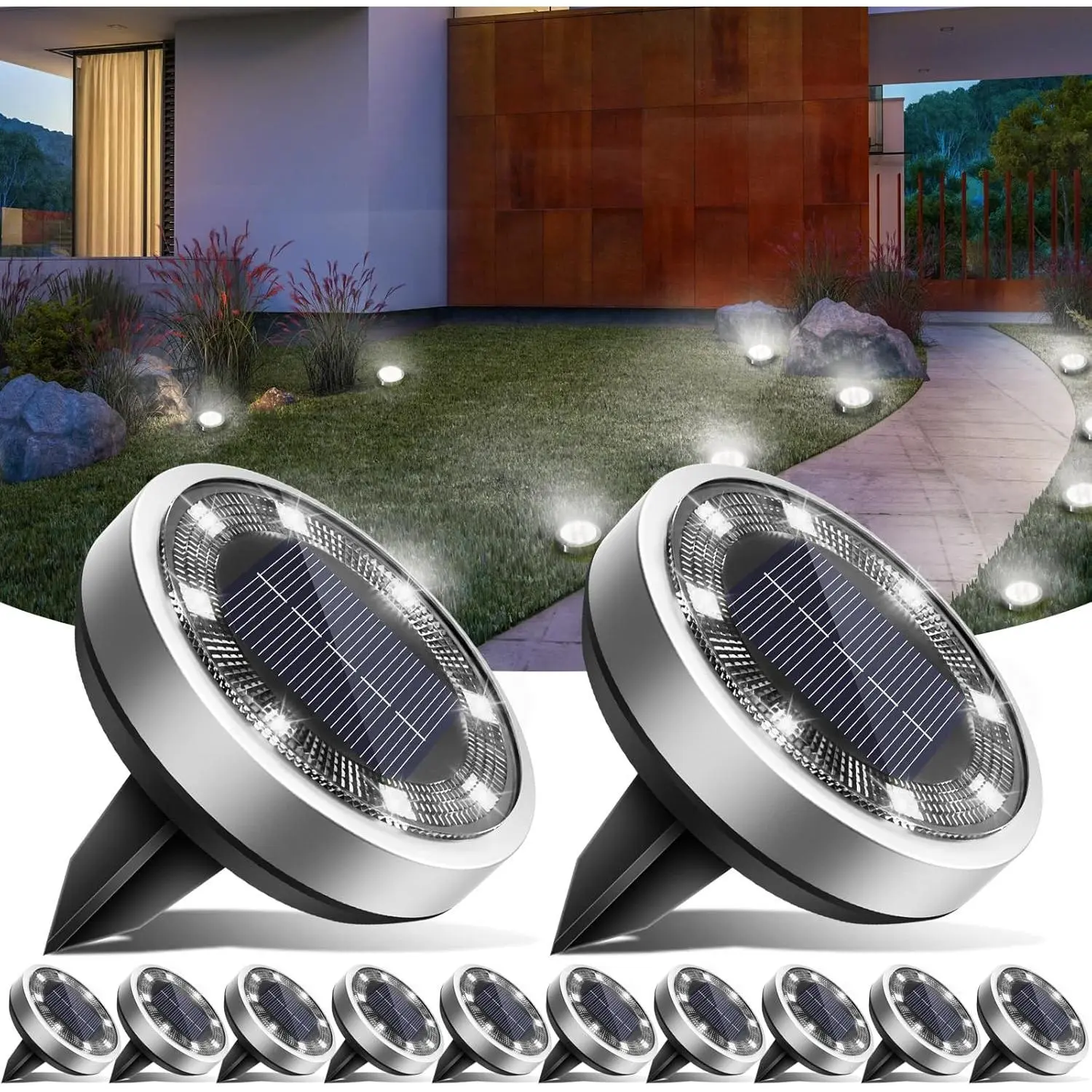 Solar Ground Lights,12 Pack Flat Solar Lights Outdoor , Bright LED Solar Disc Lights, 6000K Cool White Landscape Lighting for Outside Yard Garden Pathway Driveway Lawn