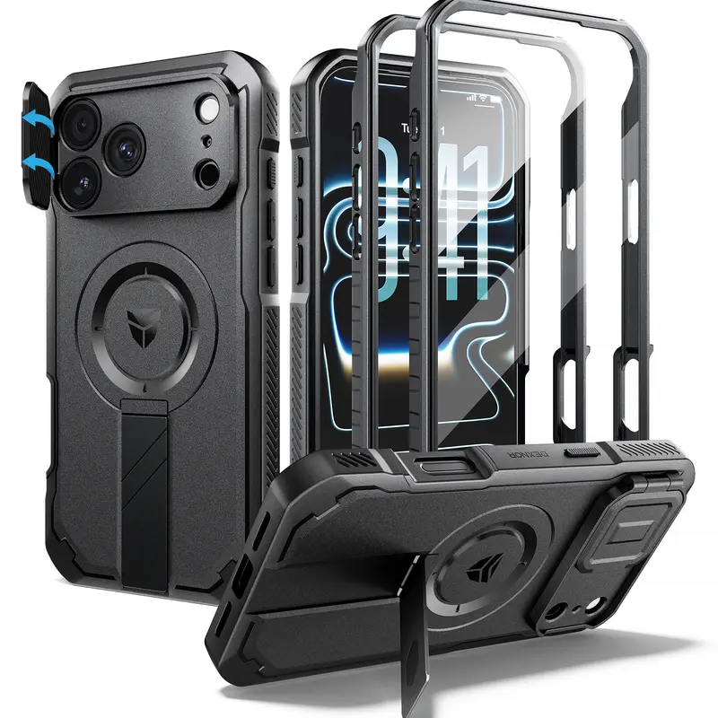 Dexnor Polycarbonate Heavy-Duty Rugged Case for iPhone 18/17/16/15/14/13/12/e/Air Plus Pro Max Series, 2 Swap Screen Frames, Flip-Slide Camera Cover with Lens Scratch Guard, MagSafe Support, Screen Protector, Kickstand
