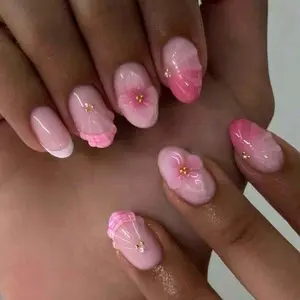 Pink Sakura Almond Press-On Nails Kit, 24PCS Reusable Flower Aesthetic Glossy Short-Medium Fake Nails for Girly Feminine Items, Date Night & Everyday Wear