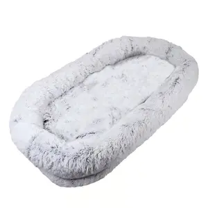 QGEEM Human Dog Bed, 71"x45"x14" Oversized Orthopedic Lounger for People & Pets, Washable Faux Fur Couch with High Back, Large Calming Mat for Dozing Off, Cuddling & Napping, Grey (No Pillow/Blanket)