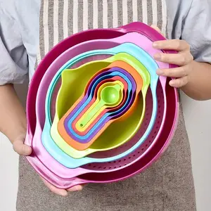 10-piece rainbow DlY baking set including measuring cupsand spoons, multi-functional mixing bowls, kitchen suppliessuch as rice sieves, salad plates, vegetable washing plates,which are stackable.
