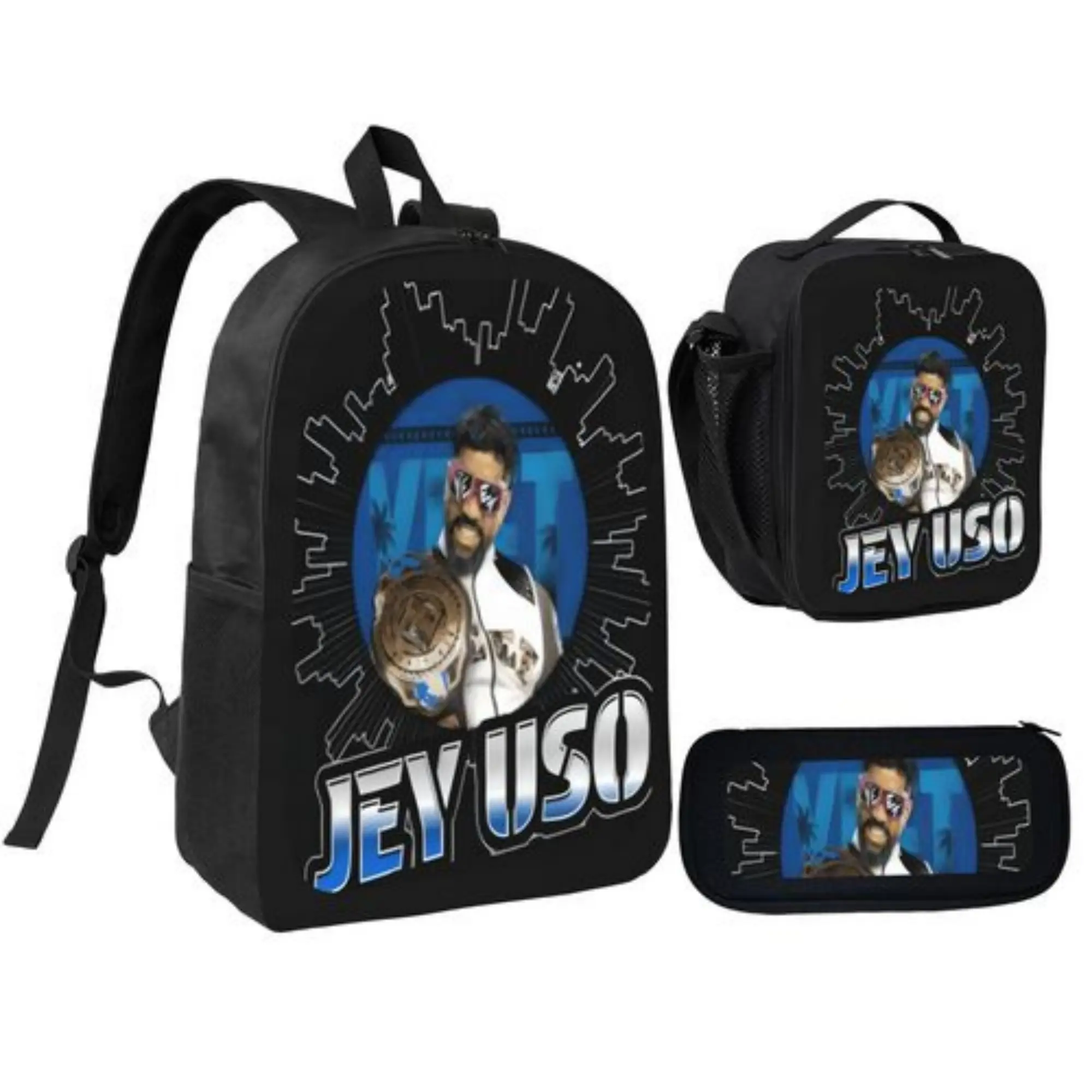 Jey USO Wrestler Backpack 3 Pieces Set With Lunch Bag Pencil Case Combination For Work Sport Picnic Classic Laptop Backpack Travel Daypack Stationery Bag