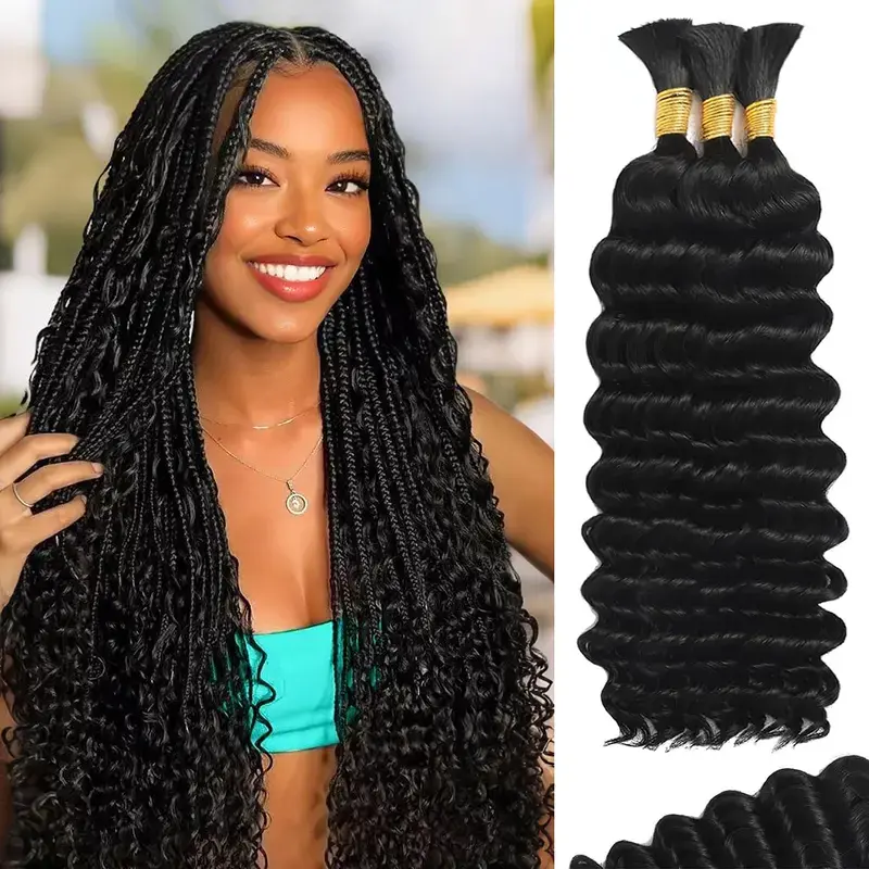 Human Braiding Hair For Boho Braids Deep Water Wave Bulk Human Hair for Braiding Wet and Wavy Curly Human Hair Extensions 3 Bundles 110g Natural Color 8-18inch For Boho Braids/Wedding/Party/Daily outdoorfun