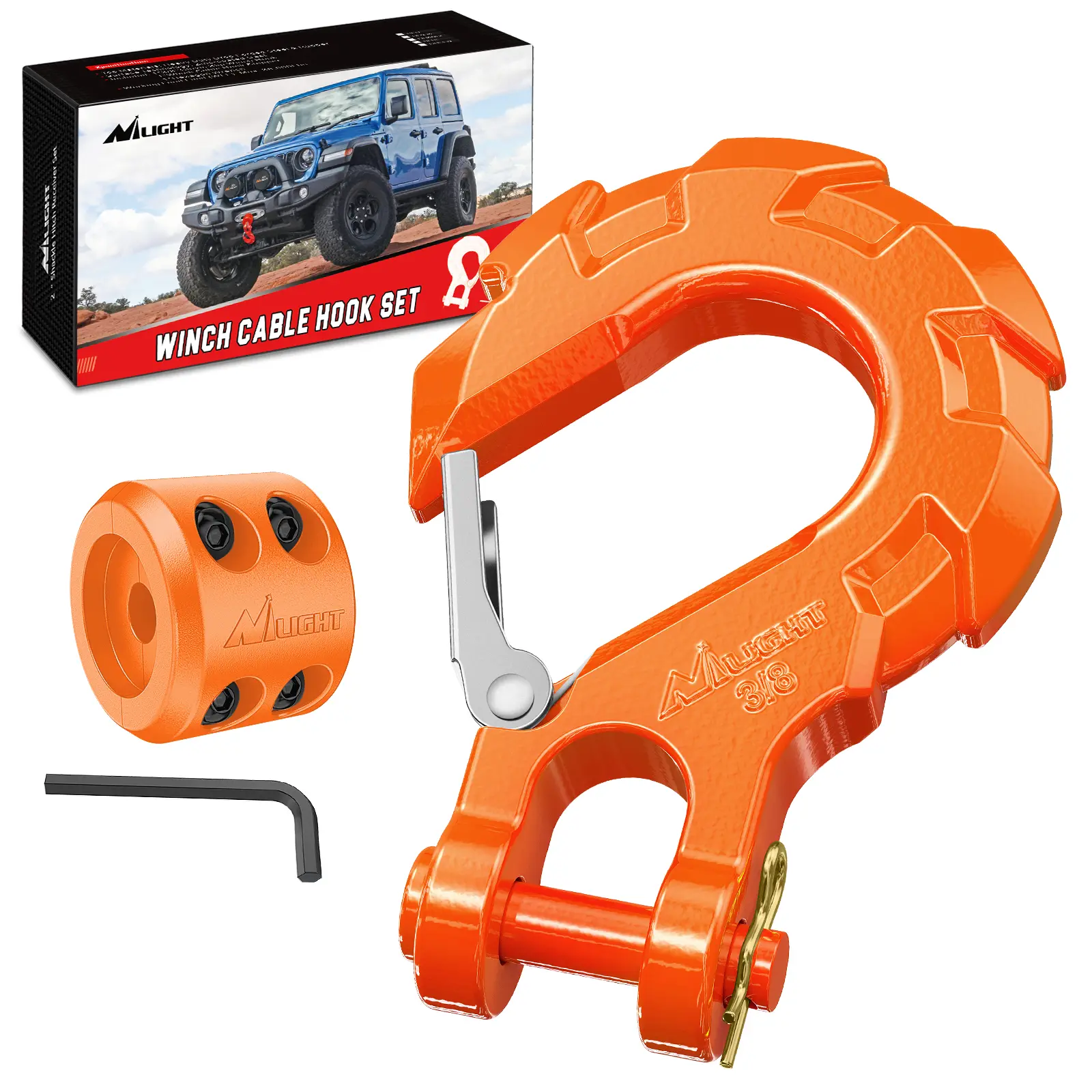 Nilight Upgraded Quality Winch Cable Hook Set - 3/8" Grade 70 Powder Coated Safety Latch, Rubber Adjustable Rope Stopper, 35000 lbs Max Clevis Slip Hook, Allen Wrench, Quick Connect Couplers, for Jeeps, ATVs, Trucks, Trailers Off-Road Escape Tools, Superi