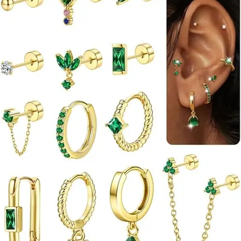 13Pcs Gold Earrings Set Earrings Jewelry for Multiple Piercings Women Flat Back 14K Gold Plated Silver Cartilage Helix Small Stud Hoop Stainless Steel Huggie Green CZ Earrings Loop Earrings Hoop Shape Earrings Earring Stacking Set