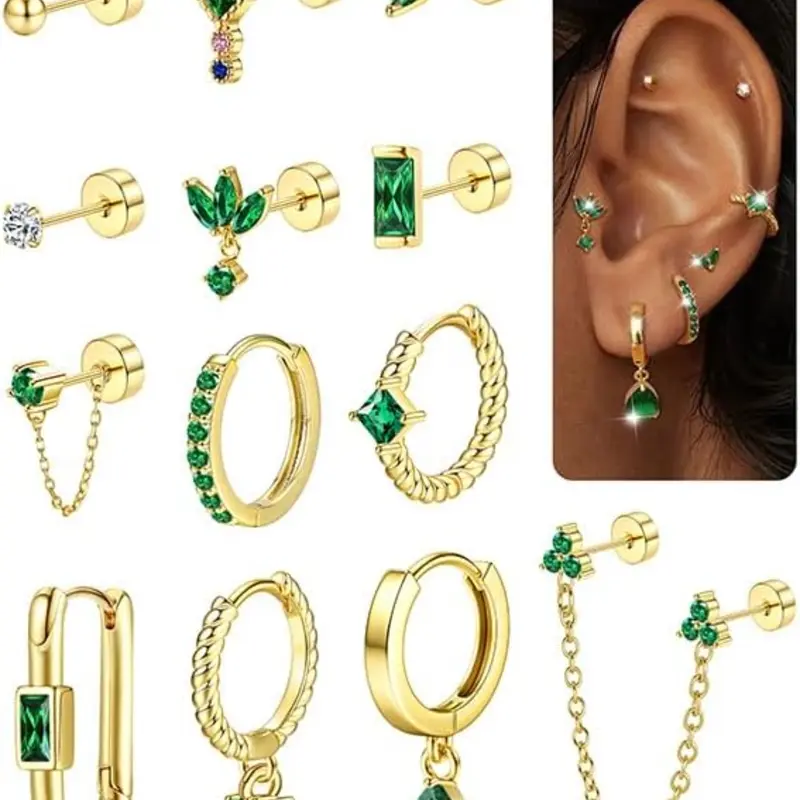 13Pcs Gold Earrings Set Earrings Jewelry for Multiple Piercings Women Flat Back 14K Gold Plated Silver Cartilage Helix Small Stud Hoop Stainless Steel Huggie Green CZ Earrings Loop Earrings Hoop Shape Earrings Earring Stacking Set