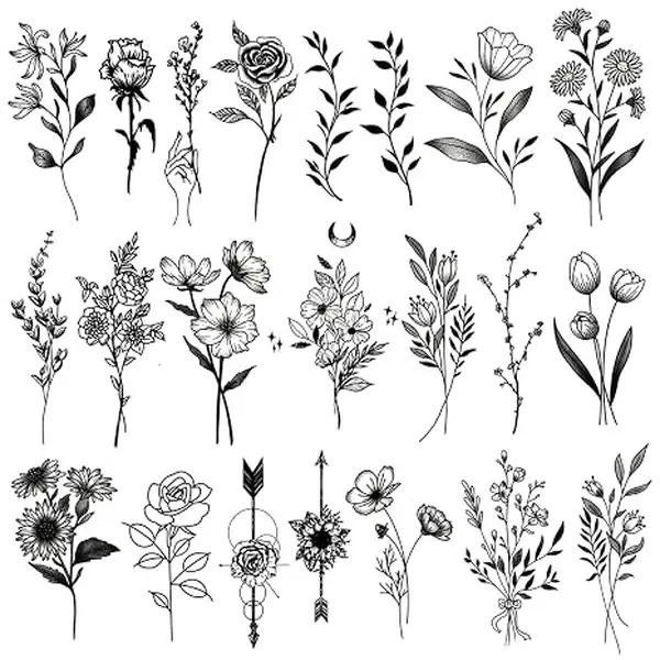 Medium Black Flower Temporary Tattoos - Realistic Long Lasting Waterproof Tattoos - Floral Bouquet Wild Plants and Branch Tattoos for Women and Men