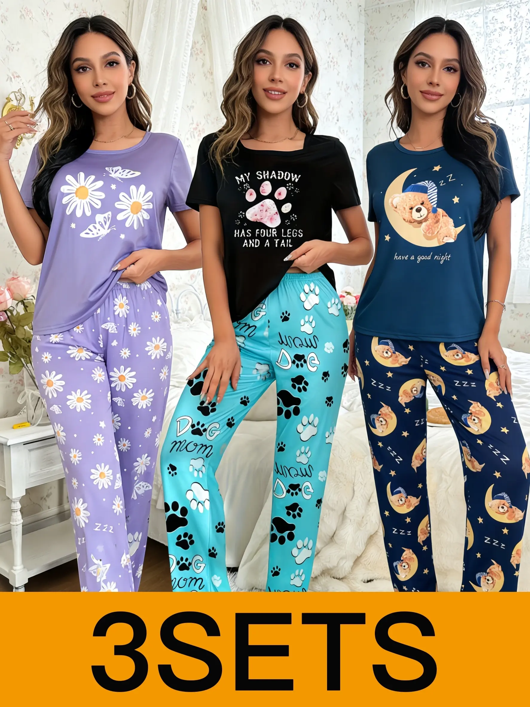 3 Sets Women's Pajamas Set Short Sleeve Top & Long Pants Soft Sleepwear Loungewear with Daisy, Dog Paw Print, Teddy Bear Prints for Nightwear