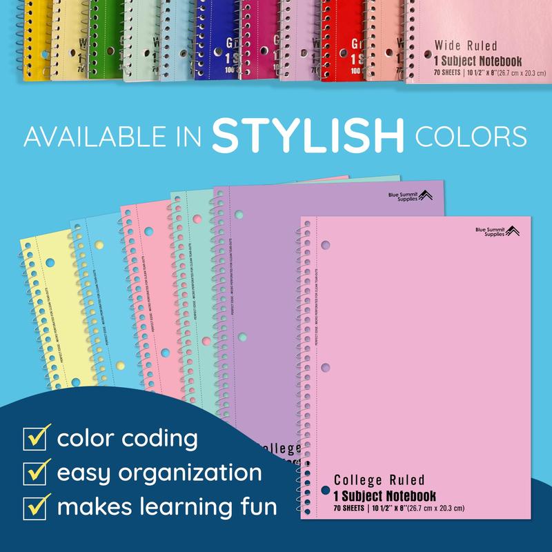Pastel Spiral Notebook College Ruled, One Subject School Notebooks Spiral, Perforated Notebooks Bulk, 8 x 10.5 School Book, Paper, College Ruled, 6 Pack