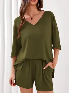 Women's 2 Piece Ribbed Lounge Sets V Neck Short Sleeve T-Shirt and Drawstring Shorts Casual Matching Sweatsuit Outfits