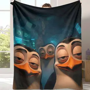 Cool Penguin Flannel Blanket Cartoon Animal Print Design Soft Warm Cozy Lightweight Plush Throw for Sofa Bedroom Office Travel Gift Home Decor Movie Night Camping Relaxing Moments