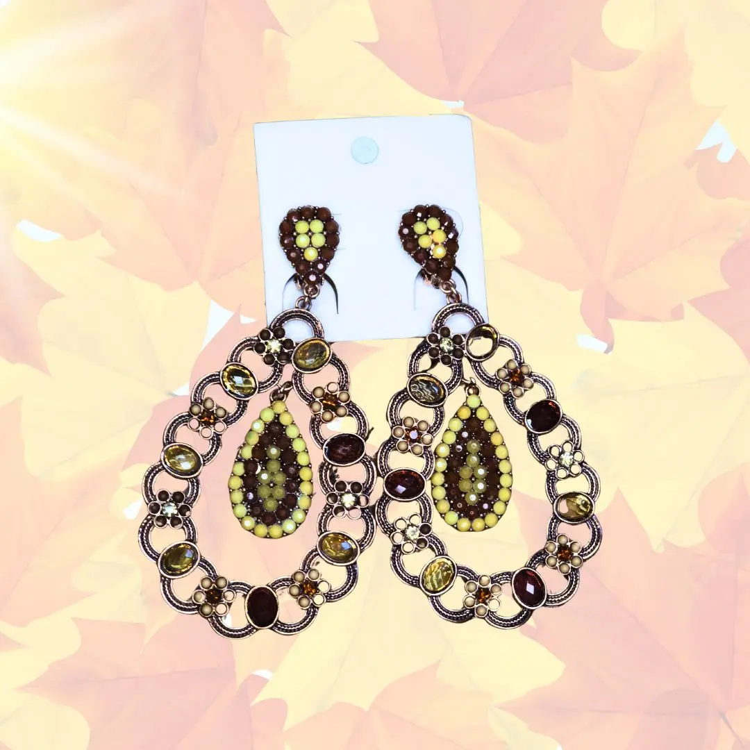Golden Ember Clip-On Earrings Vintage Luxe Teardrop Design with Amber Honey Espresso Stones Intricate Metalwork for Non-Pierced Ears