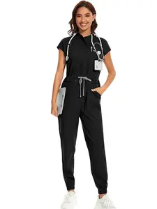 Short Sleeve Scrub Jumpsuit for Women, Elastic Cuff Workwear, Zipper Pockets Nurse Uniform for Hospital, Clinic, Lab