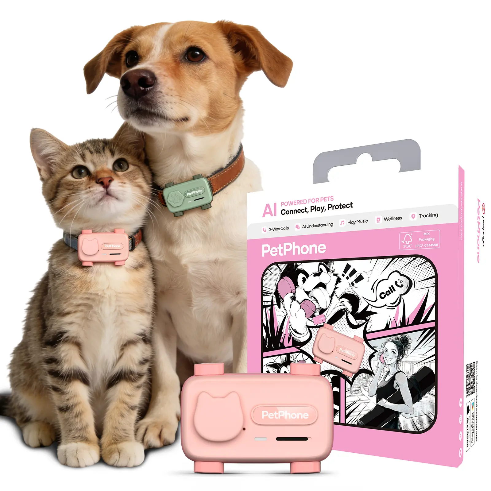 PetPhone for Dogs & Cats – 2-Way PetChat, AI-Powered Pet Sound Analysis, Wellness Monitoring, GPS Tracker with Geofencing Alerts, 37g Waterproof Smart Wearable Device, Gift for Pet Lovers
