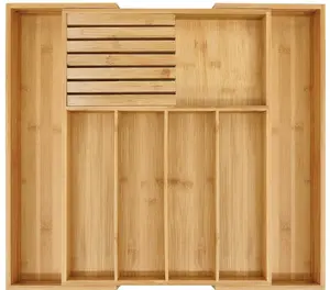 Bamboo Silverware Drawer Organizer Kitchen, Expandable Utensil Holder and Cutlery Tray with Divider