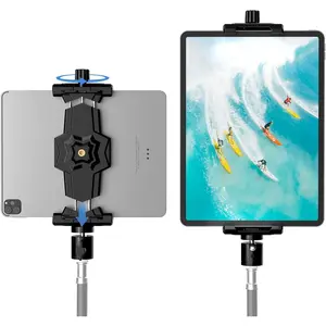 iPad and Phone Tripod Mount Adapter with Ball , iPad Holder for Tripod, 360 Rotatable Tablet Clamp Mount fits iPad Pro 12.9, Air Mini 3 4, Galaxy Tab, Surface Pro, Selfie Stick(5.3-10.6")