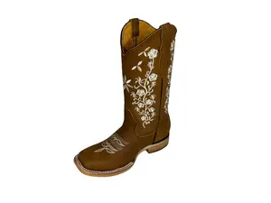 WOMENS COWGIRL Boots Western Cowboy Cowgirl Square Toe Genuine Leather Honey Flowers Embroidered BOOTS