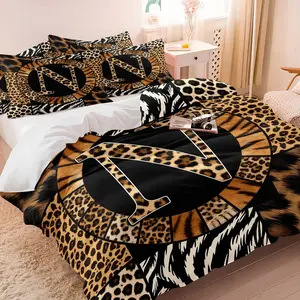 Leopard Initial Letter Duvet Cover Set, 1 Duvet Cover + 1- 2 Pillowcases, Cheetah Zebra Animal Print, Queen King Western Soft Microfiber Bedding for Bedroom Teen Dorm Decor, Cheetah Print Room Decor Gift for Animal Print Lovers