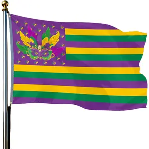 2D Flat Banner 1pc, Mardi Gras Flags Outdoor Print, Polyester Fat Tuesday Decorations, New Orleans Masquerade Carnival Party