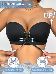 Women’s Strapless Push Up Bra, Lace Up Front Invisible Bra with Detachable Clear Straps for Backless & Party Wear