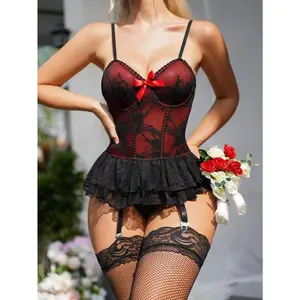Women's 4 Piece Floral Lace Lingerie Set Mesh Sheer Teddy Babydoll Bustier with Stockings