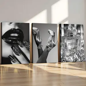 Framed Set Of 3 Canvas Wall Art Ready To Hang Black And White Canvas Posters High Heeled Shoes, Lips, And Perfume Art Prints For Home Decor, Fashion Wall Art Perfect Gift For Any Space