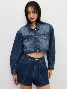 【Sell out at a loss】Elengatine French style High - end heavy - industry hot - fix rhinestone design for a slimming effect Y2K Rhinestone Denim Co - ord Set: Cropped Jacket + Wide - Leg Jeans, Trendy Sparkle Outfit Streetwear Style Casual Coat