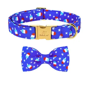 Blue Adjustable Patriotic 4th of July Dog Collar with Bow Tie, Summer Popsicle Flag Day Pet Collar for Small Medium Large Dogs