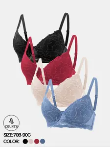1/3/4/6 Pack/ 6 colors Solid Color Sexy Lace Splice Women's Bra Adjustable Straps Push-Up High Support Underwire Bra Surface Pattern Embroidery Four-Row Three-Hook Back Non-Removable Fixed Padding Everyday Casual Women's Bra