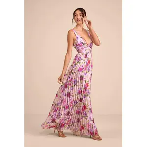Morgana Pink Multi Floral Satin Pleated Maxi Dress