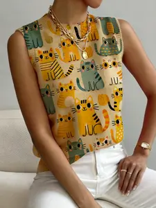 Women's Sweet Casual Cartoon Cat Animal Print Sweater Vest, Sleeveless Knit Top, Comfortable Breathable Spring Summer Fall, Casual Comfy Vests, Sleeveless Graphic Vest
