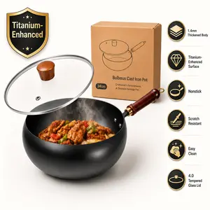 Newly Upgraded 24cm Cast Iron Wok Pan, Titanium-Enhanced Nonstick Surface, 1.4mm Thickened Body, Scratch-Resistant, Rust-Resistant, Easy Clean Stir Fry Pan with 4.0 Tempered Glass Lid