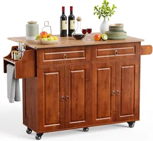 Gizoon Kitchen Island with Drop Leaf and Storage, on Wheels Two Drawers, Large Storage Cabinet, Towel Rack Spice Cart Brown