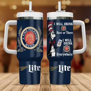 Miller Lite Beer Tumbler 40oz With Handle And Straw, Featuring Funny Cat In The Hat Design And 'I Will Drink Here Or There' Quote Creative, Insulated Beer Mug Stainless Steel, Perfect Gift For Beer Lovers, Party Drinkware, And Collectible Novelty Cup