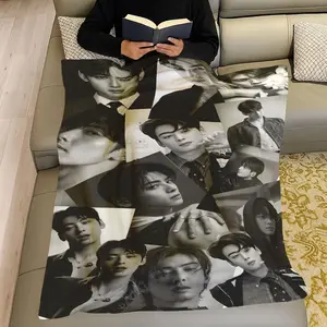Chanyeol & Photo Patchwork Flannel Blanket, Fan Support Cover Blanket, Soft and Cozy, Perfect for Fans, Soft Lightweight Blanket