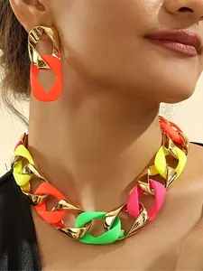 New Aluminum Circle Chain Twisted Necklace Earrings Set, Mother's Day Carnival Festival Football Party Accessory, Punk Style