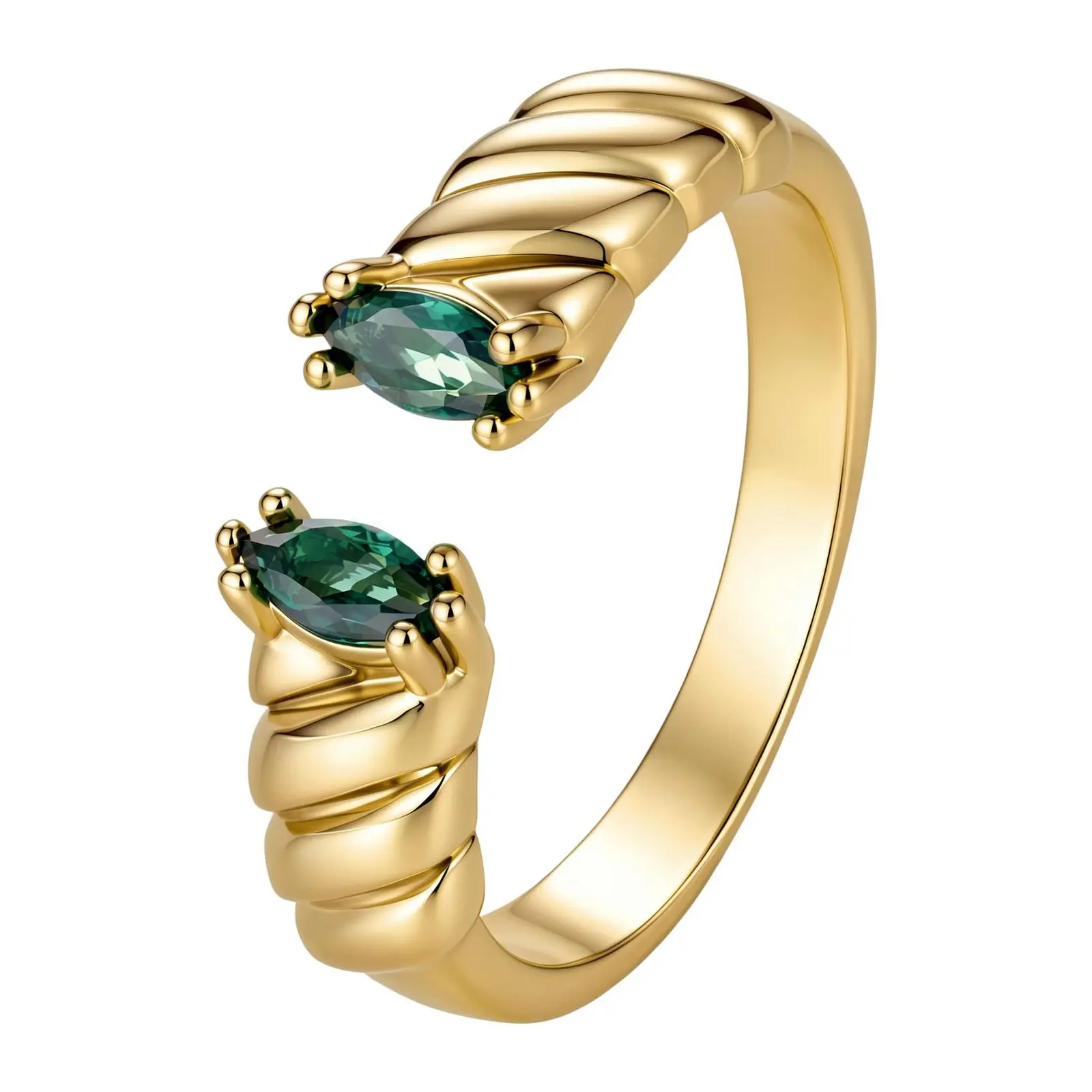 Aurem 14K Gold Plated  Open Ring for Women, Adjustable Marquise Cut Nano Emerald Stone  Ring, Ribbed Bypass Statement Jewelry