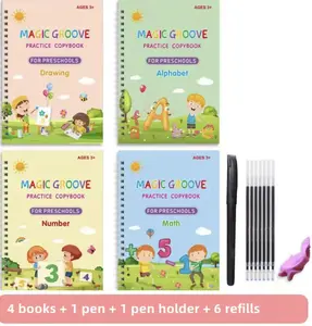 Kids Size Magic Groove Reusable Handwriting Learning Tool Workbooks for Kids 4 Pcs Magic Copybook with 1 Pen 6 Refills 1 Random Color Pen Grip Journal Kit Set for Preschoolers