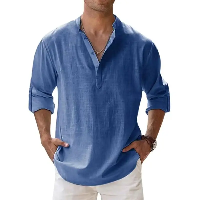Men's Casual Cotton Linen Shirt - Plain Long Sleeve Tropical Design - Top, Menswear