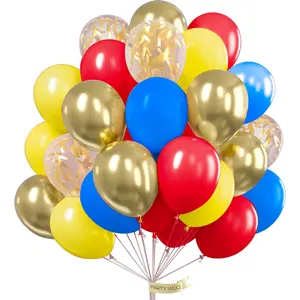 PartyWoo 12-Inch Metallic Red, Yellow, Blue Latex Balloons (100 Pcs) with Pump, Ideal for Garland, Balloon Arch Decoration, Float - Baby Shower, Birthday Party Supplies
