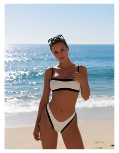 Women's Bikini Set - White & Black Contrast Trim 2 Piece Swimsuit - High Waisted Bathing Suit - Adjustable Straps - Comfortable Beachwear for Women