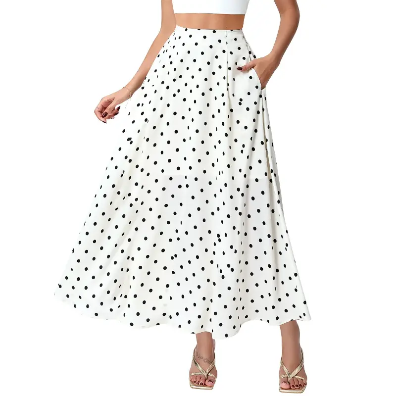 Women's Bohemian Polka Dot Flowy Maxi Skirt A-Line High Waisted Vintage Retro Elegant 2026 Spring Summer Long Skirt with Pockets