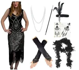 Women's Vintage 1920's Sequin Beaded Tassels Hem Flapper Dress with Accessories