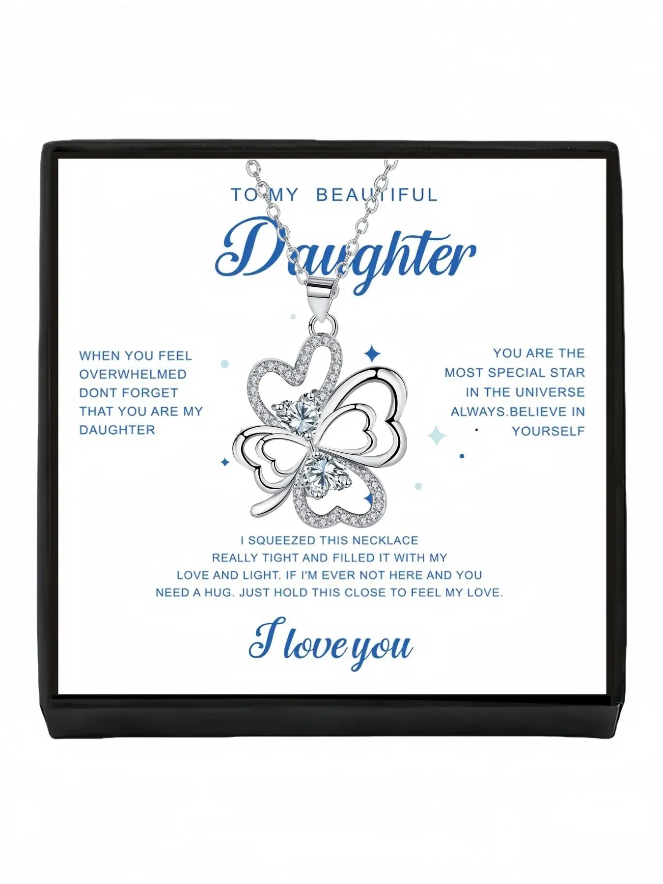 Diamond Leaf Lucky Charm Four-leaf clover gem clavicle necklace with a greeting card for daughters. A delicate mystery gift for daughter’s birthdays and all holidays.