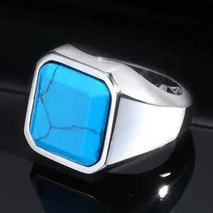 Natural Stone Signet Ring for Men, Geometric Square Top Stamp Finger Band, Stainless Steel Male Anel,Anillos De Hombre