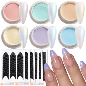 Chrome Nail Powder Set With French Tips Nail Stickers, 6 Colors Translucent Chrome Nail Powder Bling French Tip Nails Summer Mermaid Nails Iridescent Nail Glitter Nail Supplies for Women springtok