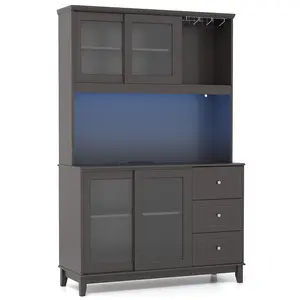 COSTWAY - Kitchen Pantry Storage Cabinet Kitchen Hutch with LED lights and Power Outlet-Dark Brown