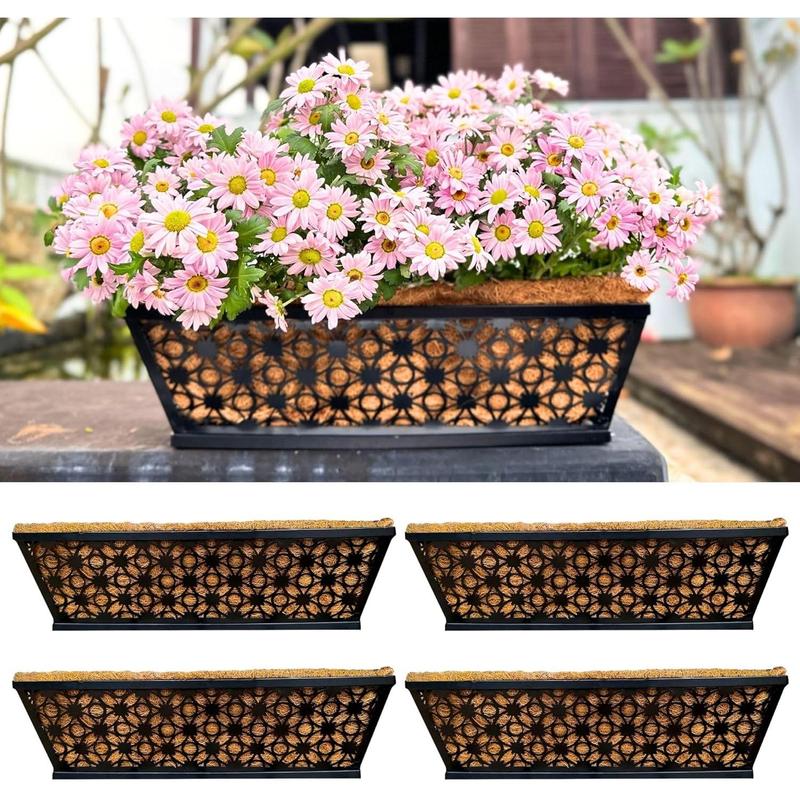 LaLaGreen Window Box Planter for Outdoor Plants (4 Pack, 16 Inch) Black Metal Rectangular Flower Pot Wall Planters with Coco Liner, Modern Horse Trough Railing Garden Balcony, Patio, Fence, and Deck