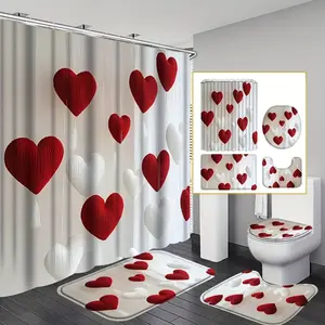 Heart Print Shower Curtain Set - Red & White Heart (Including Shower Curtain, Floor Mat, U-Shaped Mat & Toilet Lid Cover) with 12 Hooks, Valentine's Day & Mother's Day Gift, Home Bathroom Decor Accessories, Bathroom Decoration Accessories
